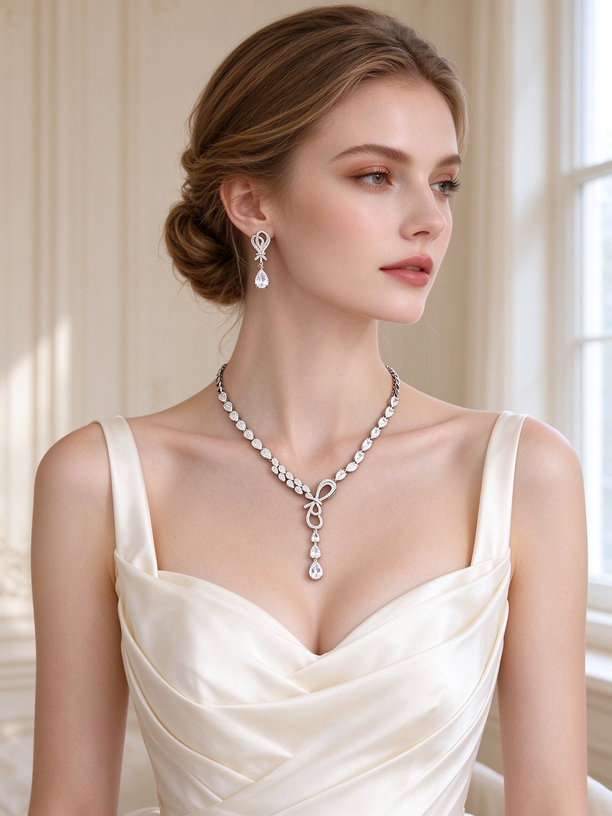 The Cameron Bridal Set – European bride wearing the silver ribbon cascade Y-necklace and drop earrings