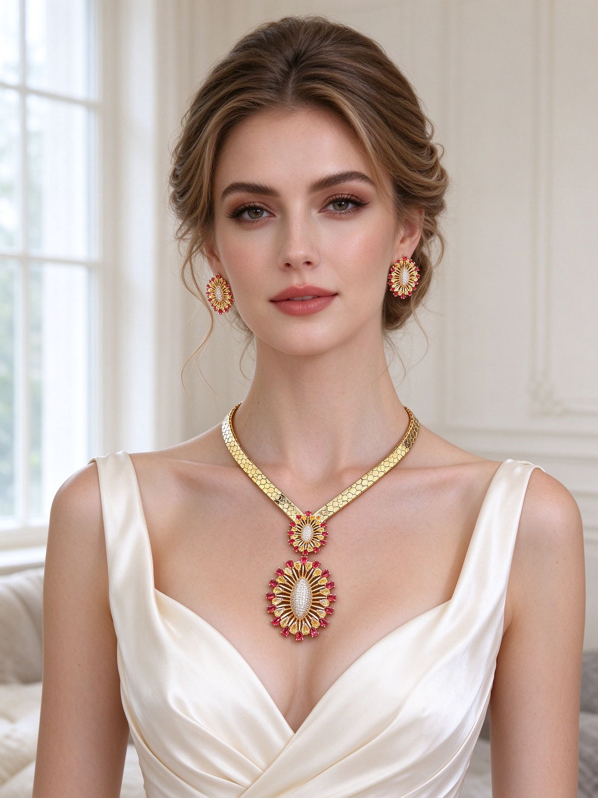 Western bride wearing The Solstice Bridal Set gold sunburst collar necklace and stud earrings in soft window light
