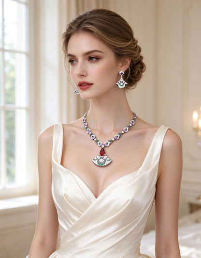 Bride wearing The Sunrise Bridal Parure fan pendant necklace in ivory silk