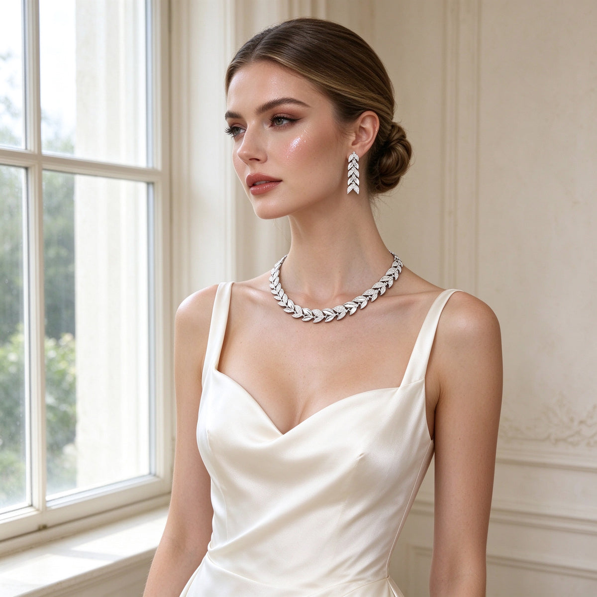 Western bride wearing The Stella Bridal Parure laurel-leaf CZ collar necklace and leaf drop earrings in an ivory silk gown by a bright window