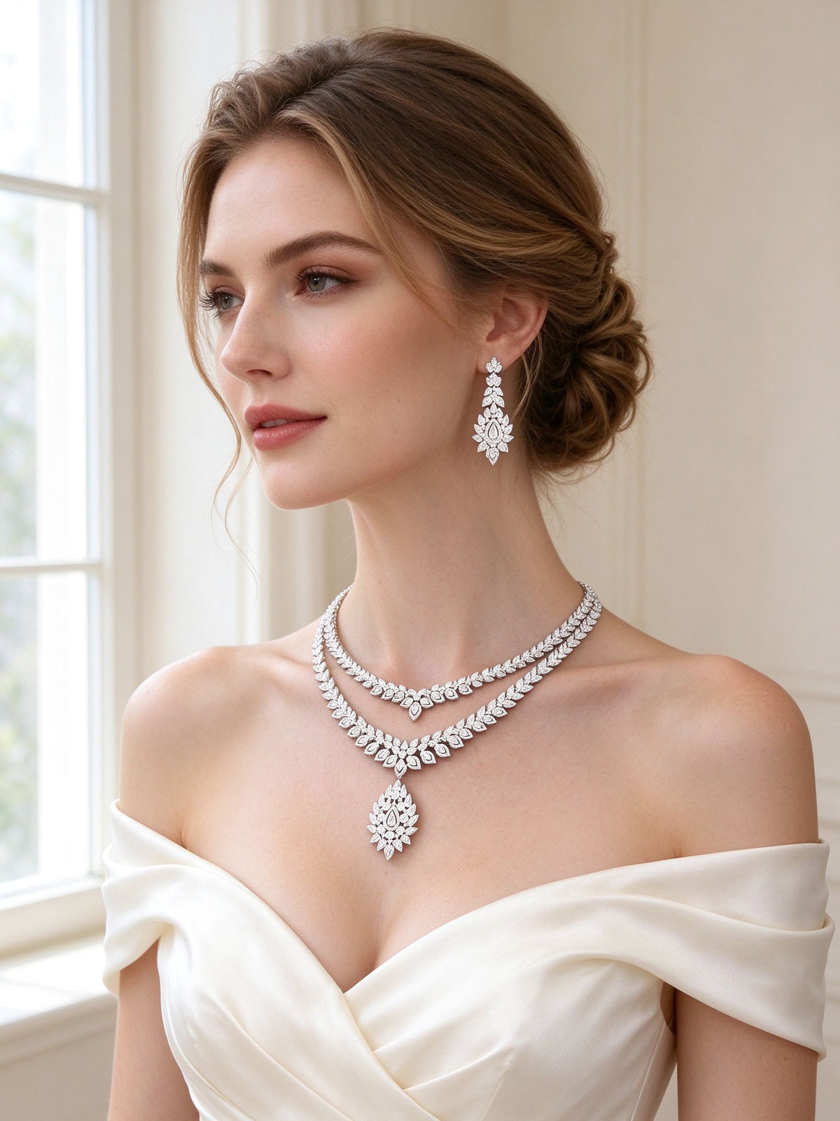 Model wearing The Clementine Bridal Set double-layer necklace and chandelier earrings