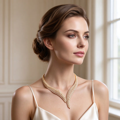 Bridal model wearing The Dawn V-neck CZ necklace in ivory silk