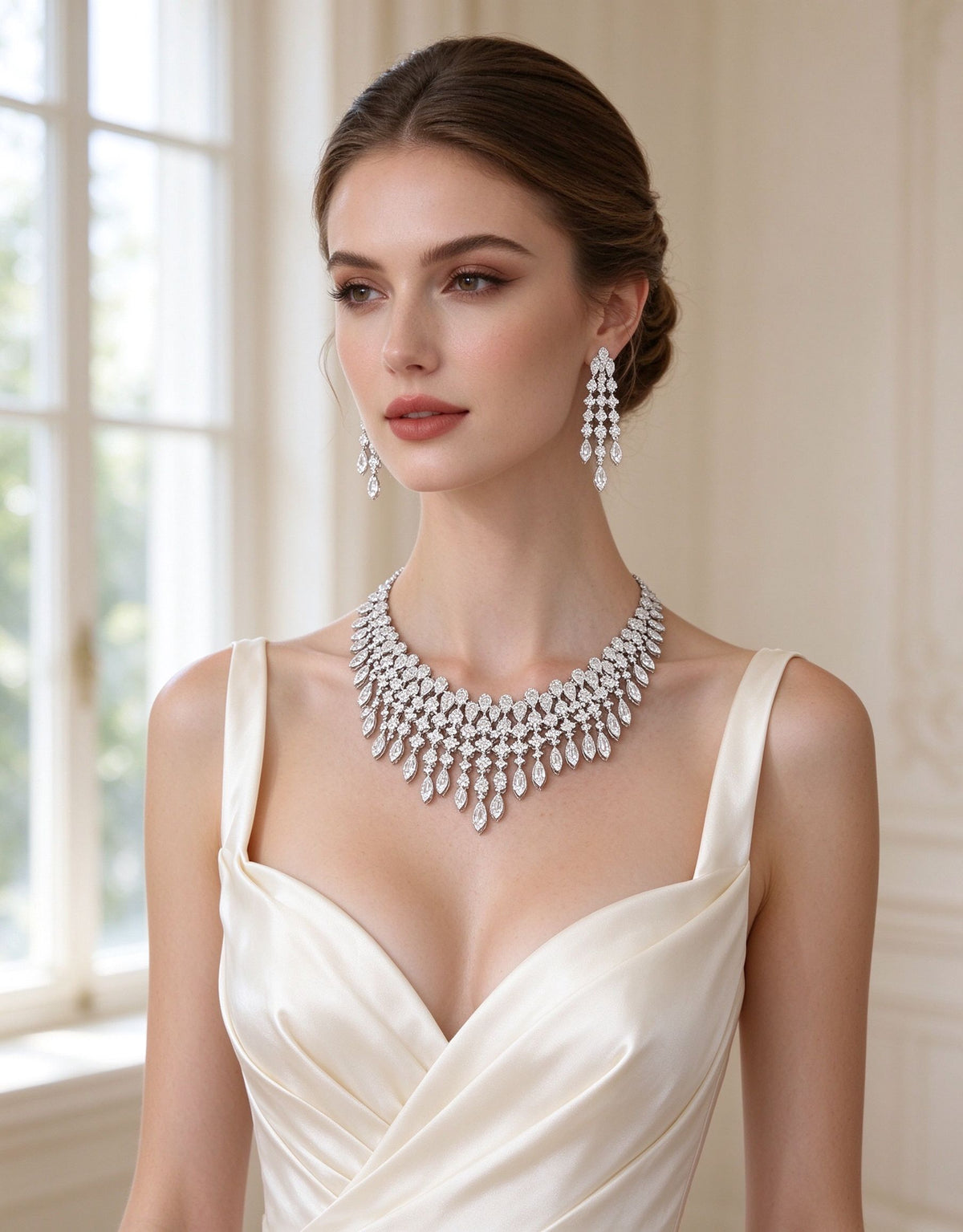 Bride wearing The Dusk Wedding Suite fringe necklace in ivory silk gown