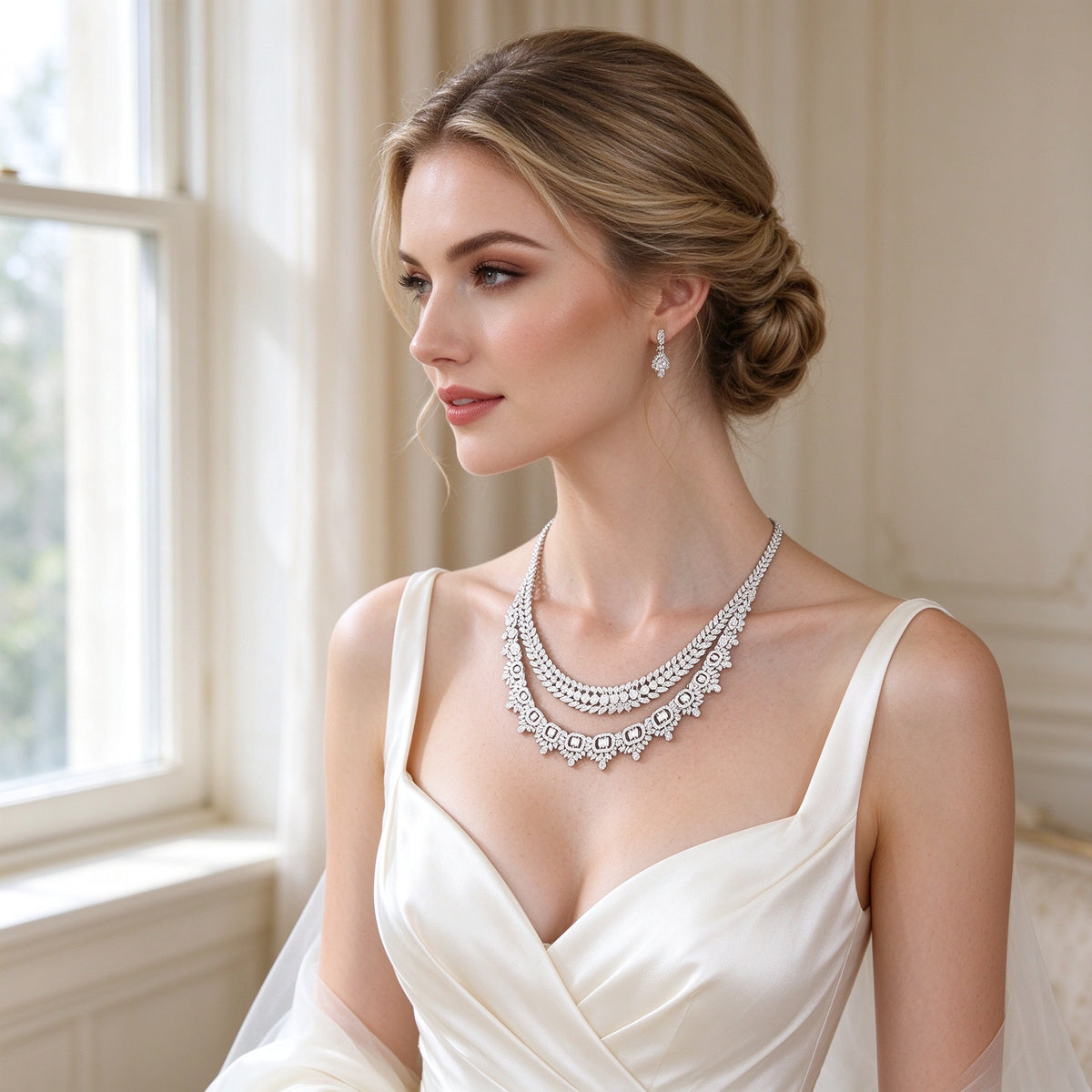 Western bride wearing the Reed Art-Deco two-tier necklace in an ivory silk gown