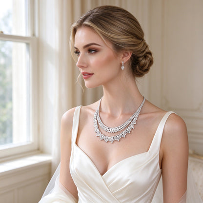 Western bride wearing the Reed Art-Deco two-tier necklace in an ivory silk gown