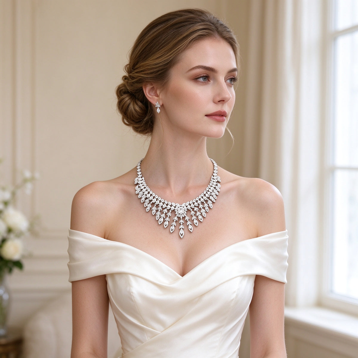 Bridal model wearing The Eve fringe CZ collar necklace in ivory off-shoulder gown