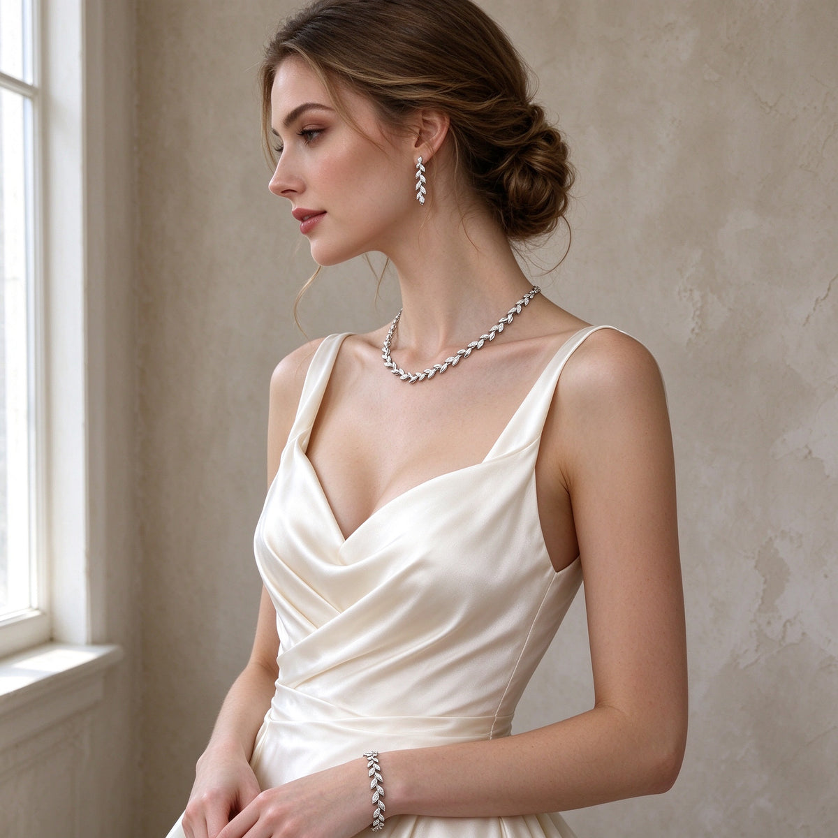 Bride in profile wearing The Summit Wedding Suite vine necklace and bracelet