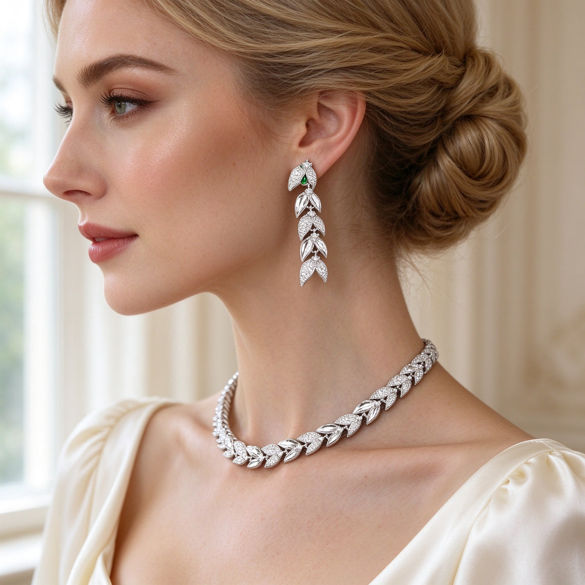 Close-up of a Western bride's ear and neck wearing The Lumina Crystal Set pavé snake-head drop earring and articulated serpent choker