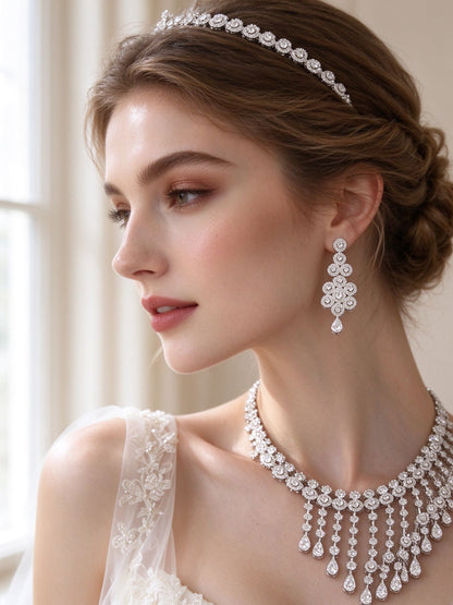 The Avery Wedding Suite – side close-up of the clustered pavé halo drop earring at the jawline