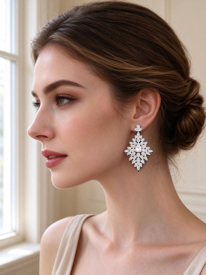Close-up of The Vale Bridal Parure lozenge-shaped CZ pavé drop earrings