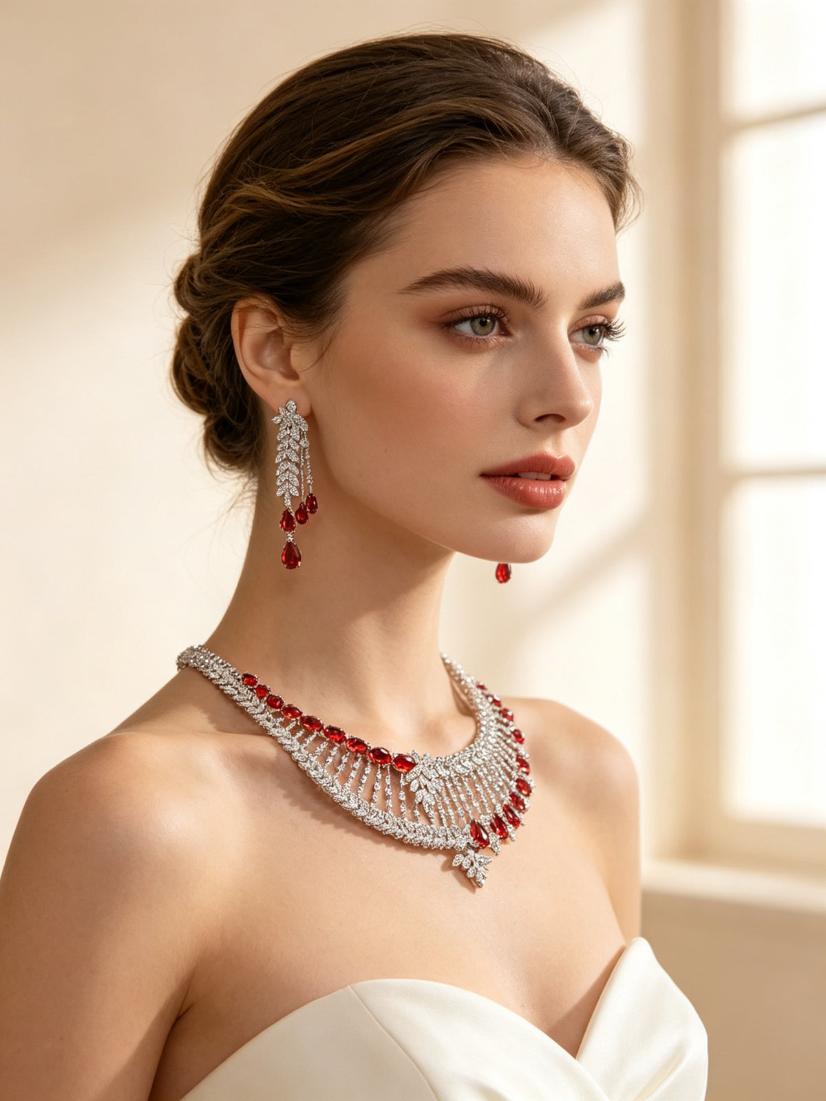Three-quarter view of bride wearing The Leaf Crystal Parure