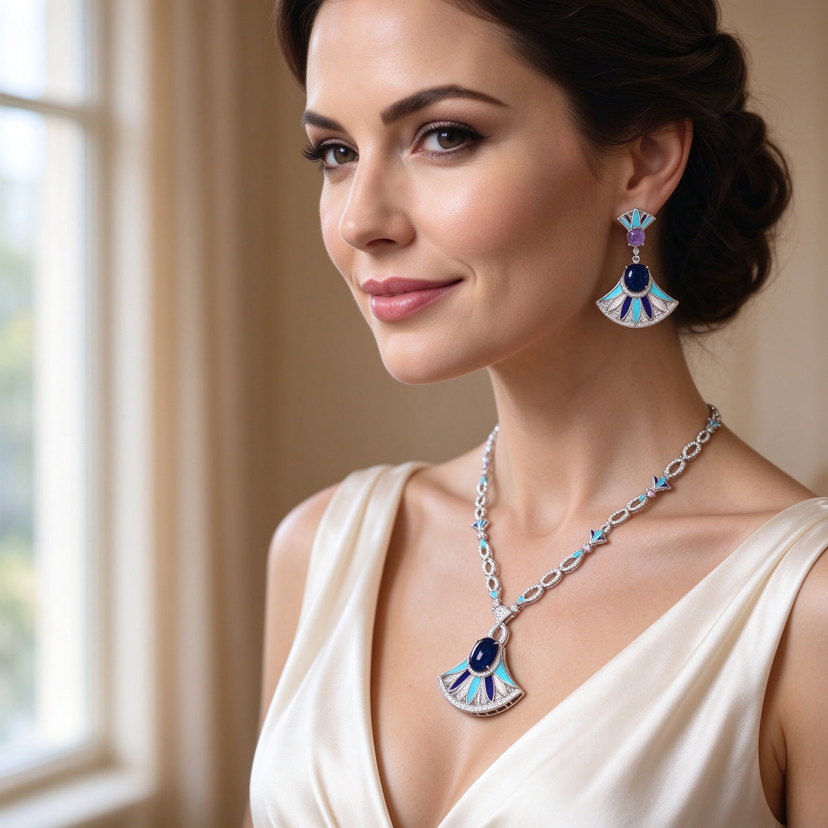 Close-up of The Starlight Bridal Parure fan-drop earring and pendant on bridal neckline