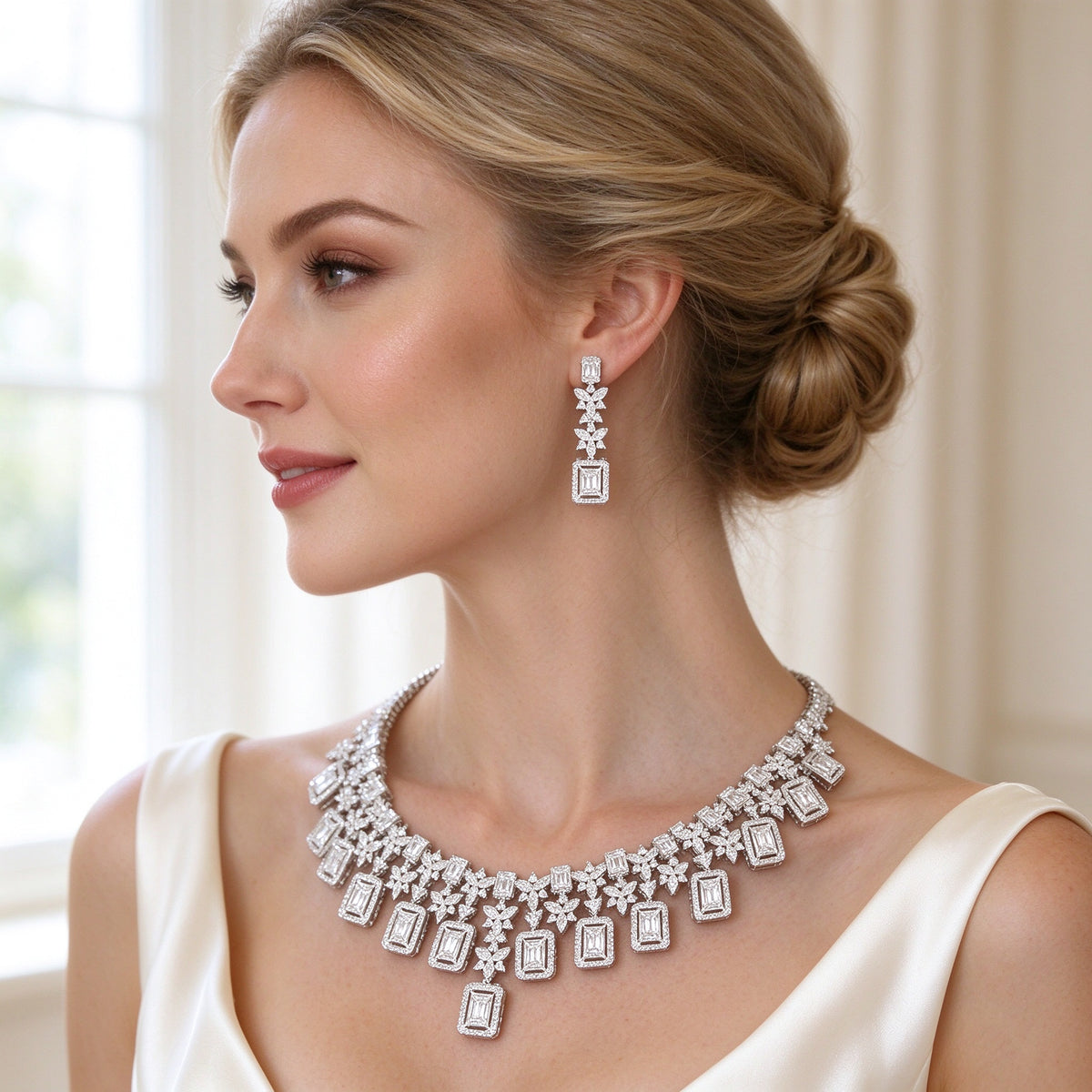Close-up of a Western bride's ear and neck wearing The Aurora Wedding Suite linear emerald-cut CZ chandelier earring and fringe collar necklace