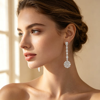 Close-up of linear square CZ drop earrings on a bridal model