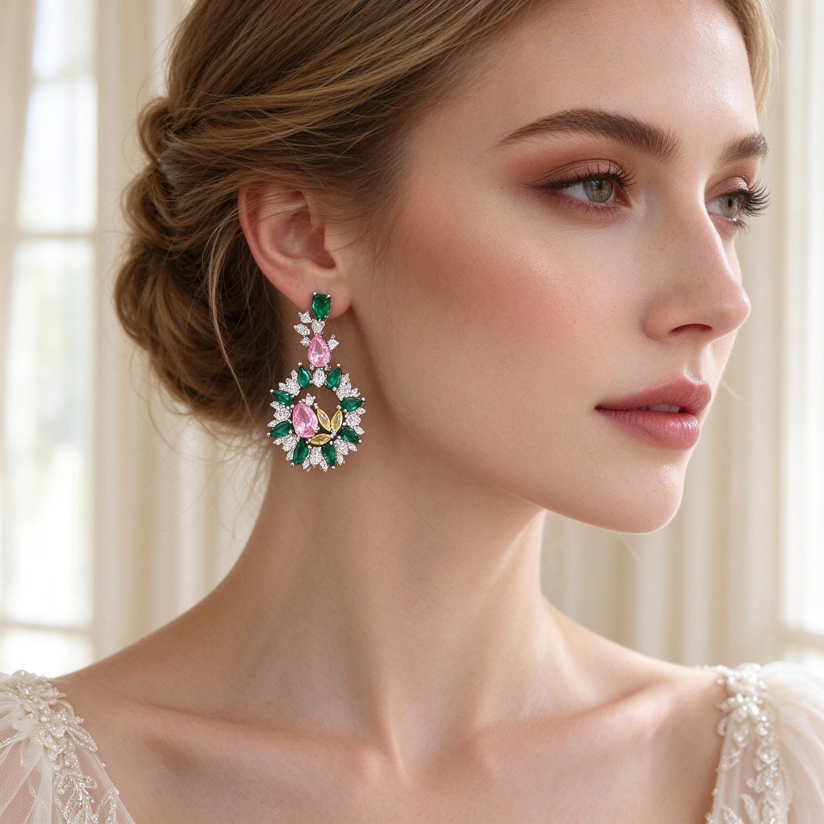 Close-up of Hazel teardrop cluster earrings with green, pink and yellow CZ