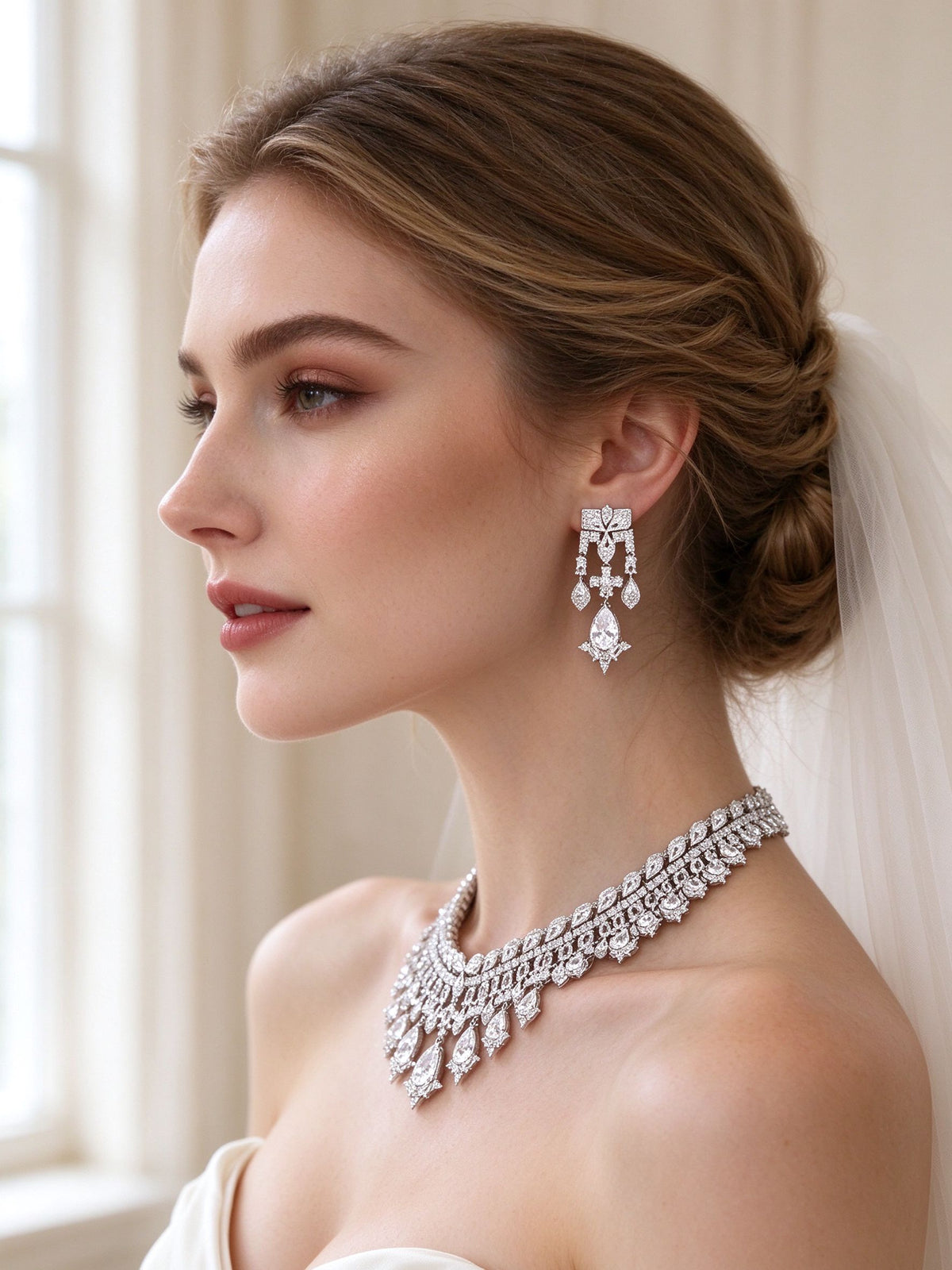 The Quinn Crystal Parure – side close-up of the pavé chandelier earring at the jawline