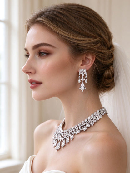 The Quinn Crystal Parure – side close-up of the pavé chandelier earring at the jawline