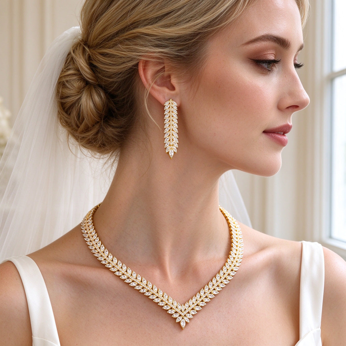 Close-up side profile of a bride's ear and neck wearing The Daybreak Wedding Suite long marquise-leaf drop earring and V-neckline