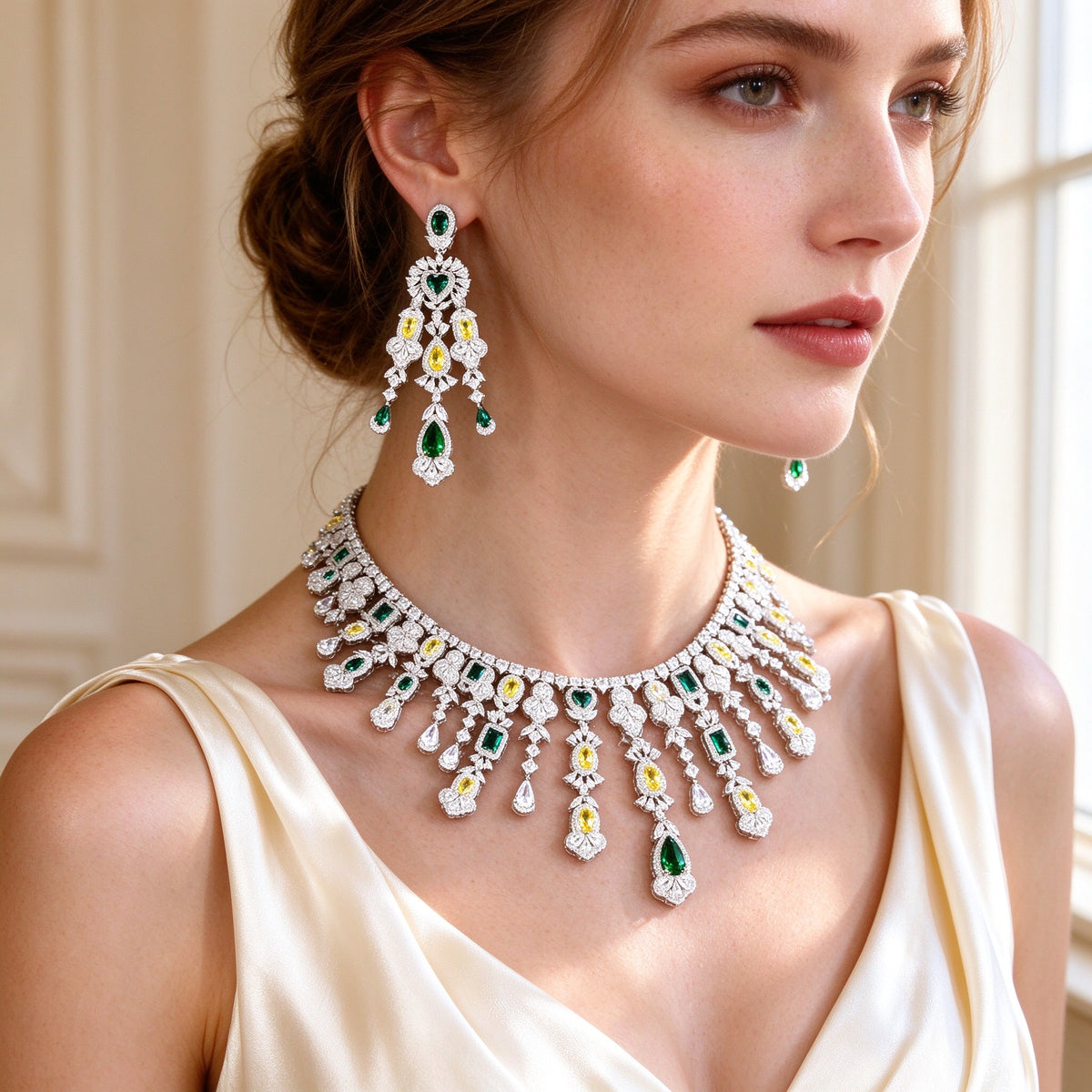 Close-up of The Dahlia Crystal Parure chandelier drop earrings and collar necklace worn by a bride