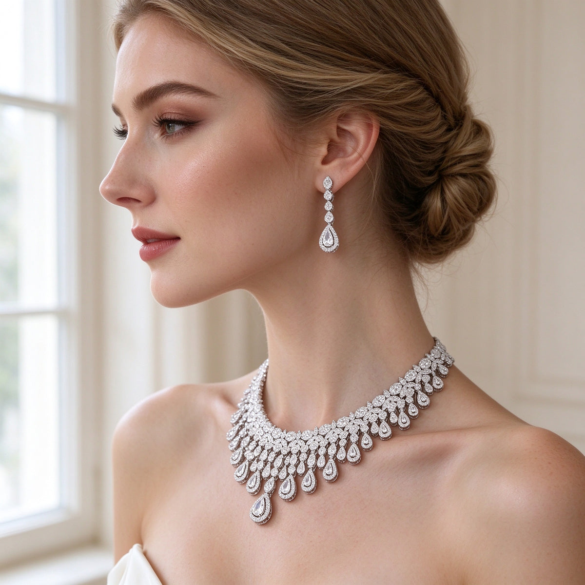 Close-up side profile of a bride's neck and ear wearing The Moonlight Bridal Set pavé fringe necklace and pear-teardrop drop earring