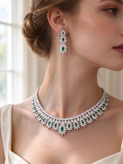 Side detail of The Kennedy Crystal Parure showing the stacked flower earring and graduating collar at the collarbone