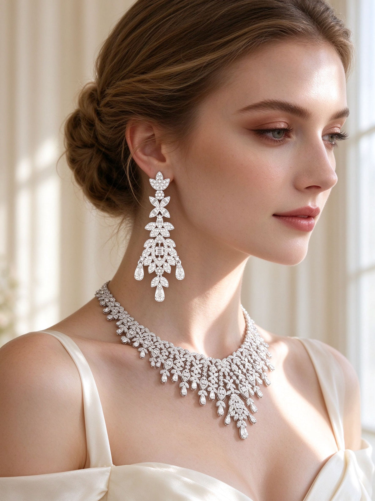 Side detail of The Selene Bridal Parure showing the chandelier drop earring and fringe collar along the collarbone