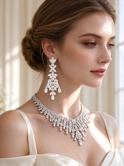 Side detail of The Selene Bridal Parure showing the chandelier drop earring and fringe collar along the collarbone