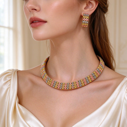 Side detail of The Emerson tri-tone woven bead collar necklace along the collarbone and a matching bead earring