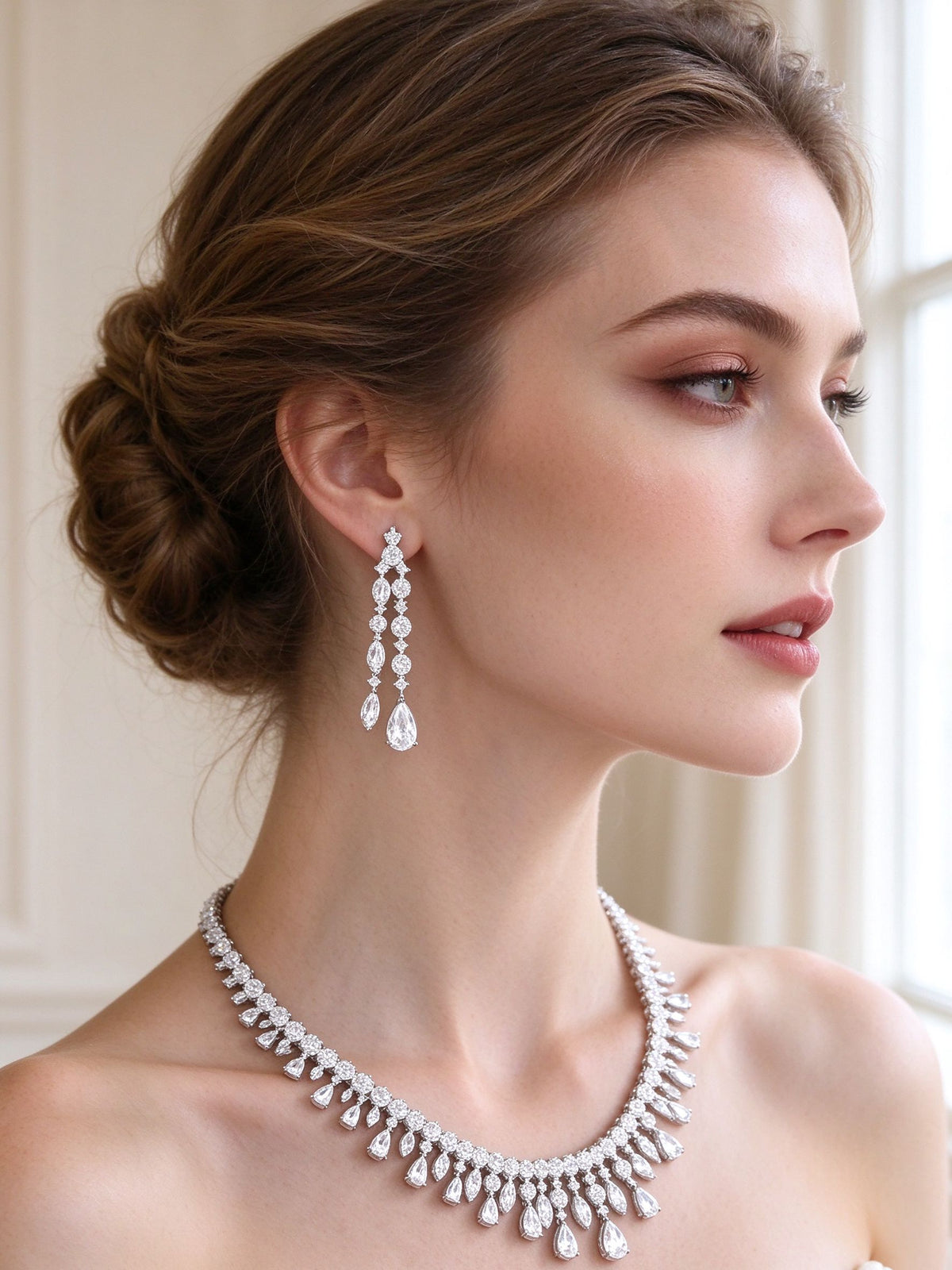 The Harper Crystal Parure – side close-up of the pavé linear drop earring at the jawline