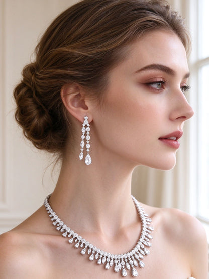 The Harper Crystal Parure – side close-up of the pavé linear drop earring at the jawline