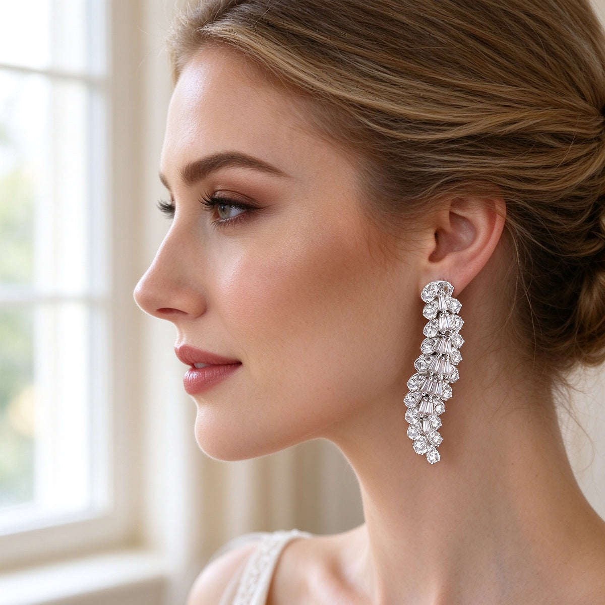Close-up of bride's ear wearing The Nova Crystal Parure tapered leafy pavé drop earring
