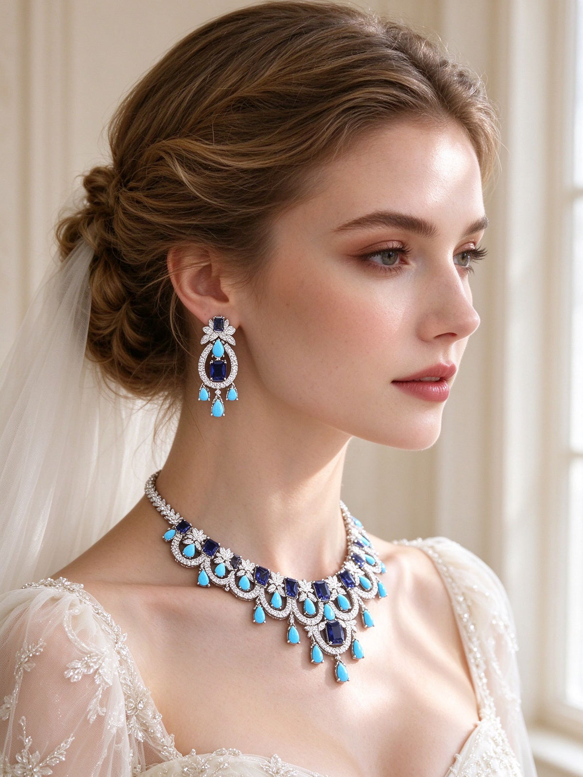 The Riley Bridal Parure – side close-up of the pavé oval drop earring at the jawline