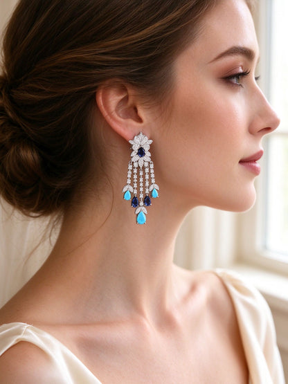 Side profile close-up of bride wearing The Celestine fringe tassel chandelier earring
