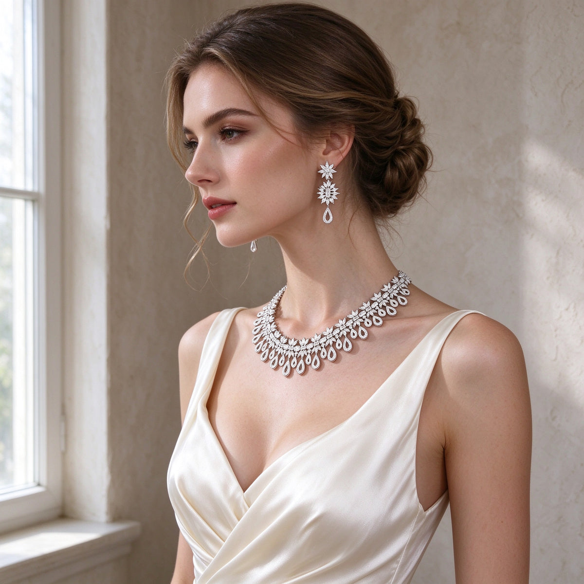Bride in profile wearing The Peak Bridal Parure regal collar against a warm gray wall