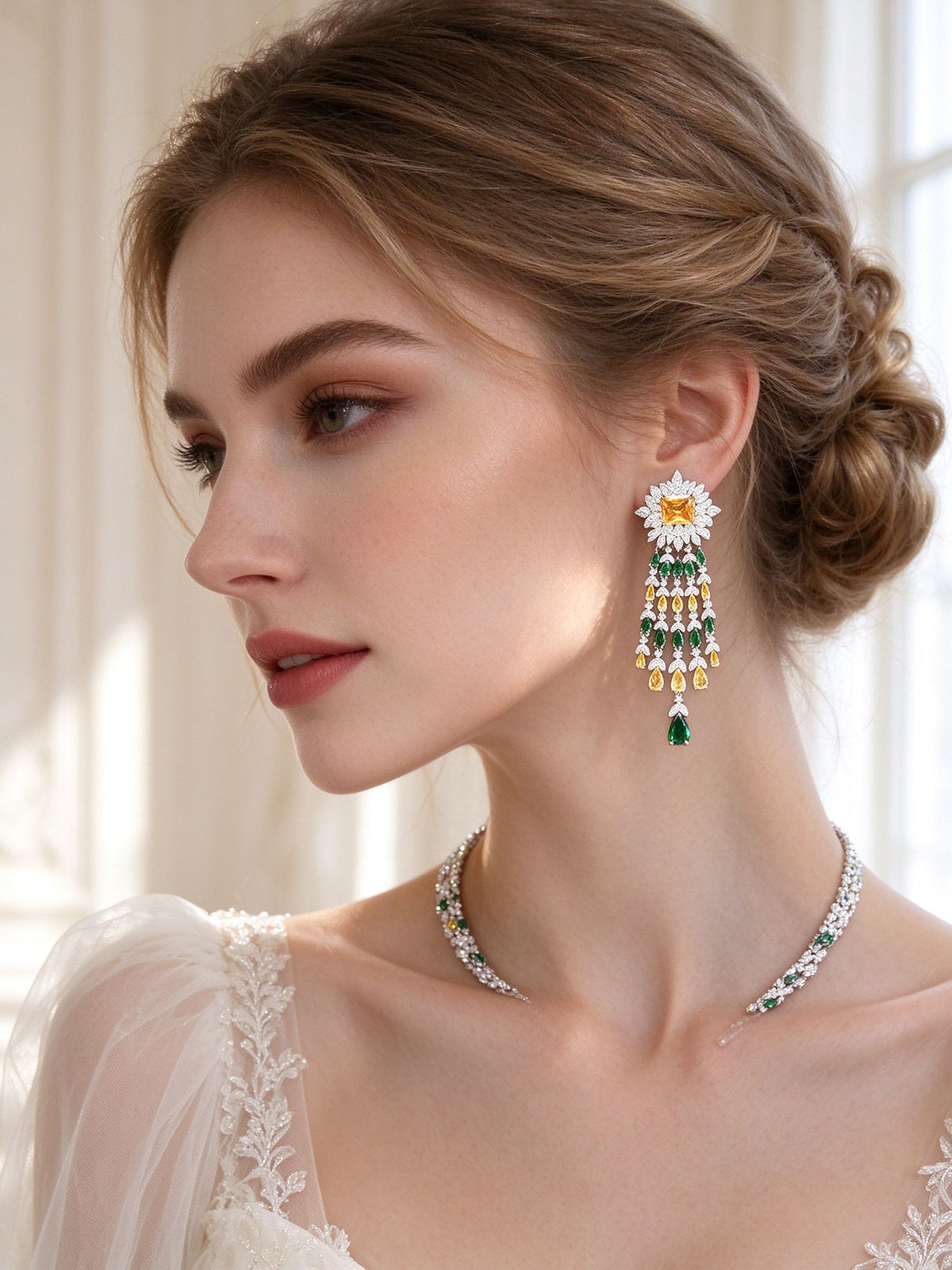 The Morgan Bridal Set – side close-up of the pavé sunburst tassel earring at the jawline