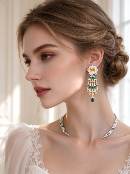 The Morgan Bridal Set – side close-up of the pavé sunburst tassel earring at the jawline