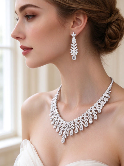 The Seraphine Bridal Set – side close-up of the silver-tone linear earrings and teardrop collar