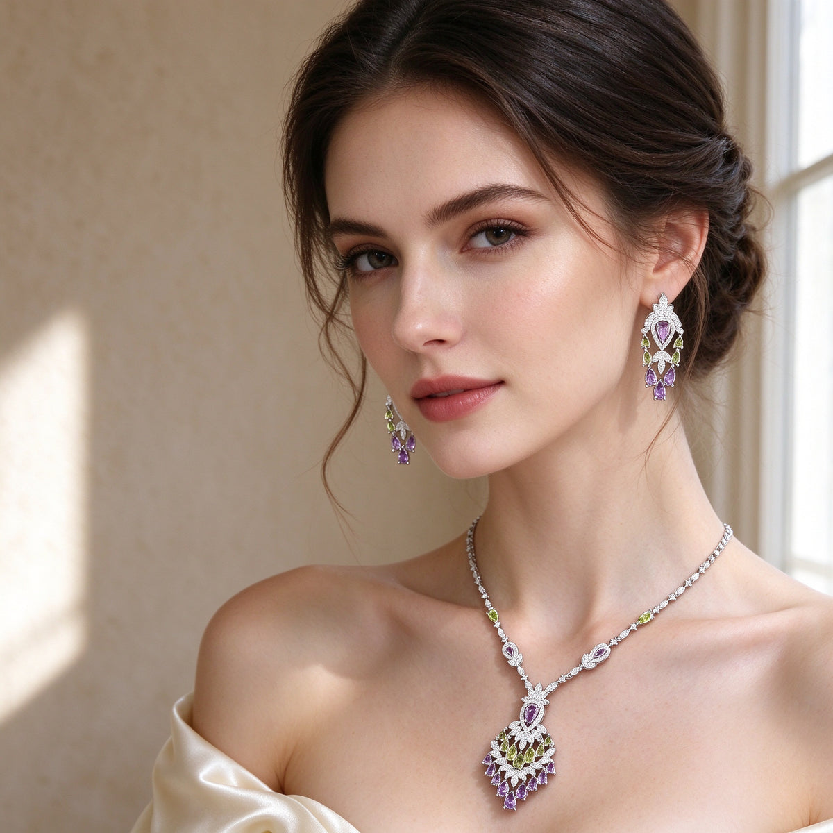 Close-up of bride wearing The Wheat Crystal Parure purple and green CZ chandelier necklace and earrings