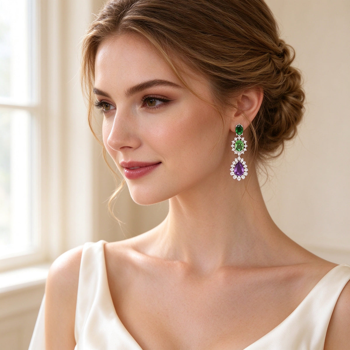 Close-up of The Crown chandelier earrings with green oval and purple pear CZ on a bride