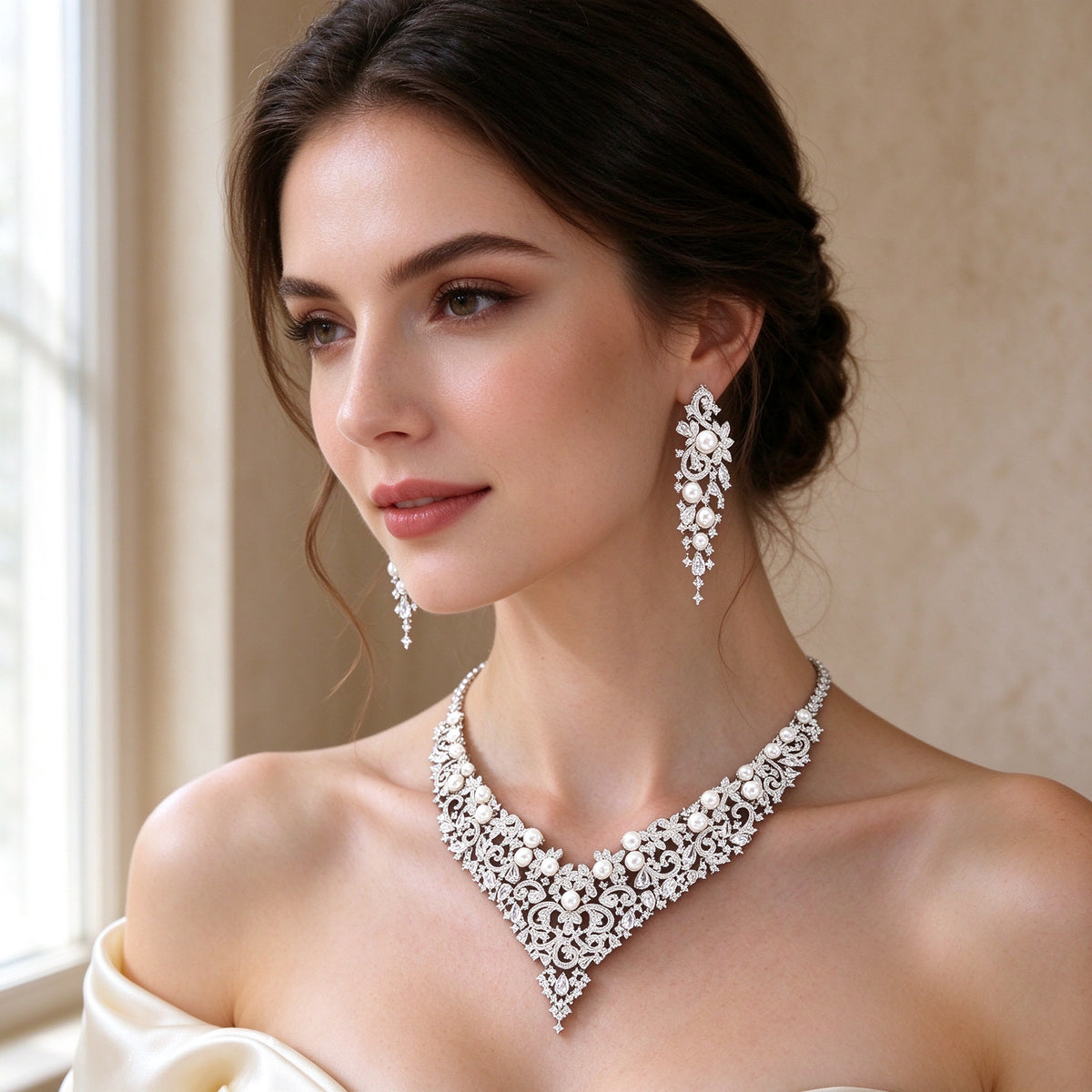 Close-up of bride wearing The Grain filigree CZ and pearl V-neck necklace and chandelier drop earrings