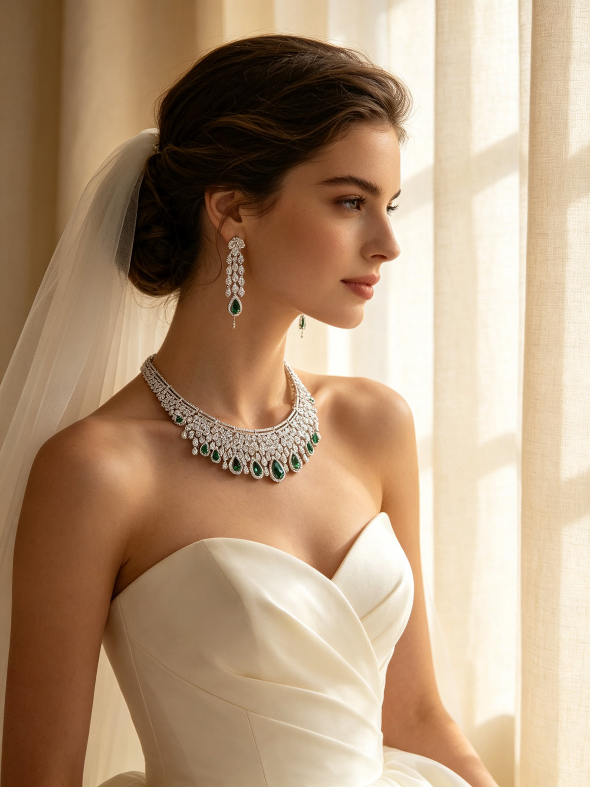 Side detail of The Estelle Crystal Suite showing the graduated teardrop collar on the collarbone and a green chandelier earring