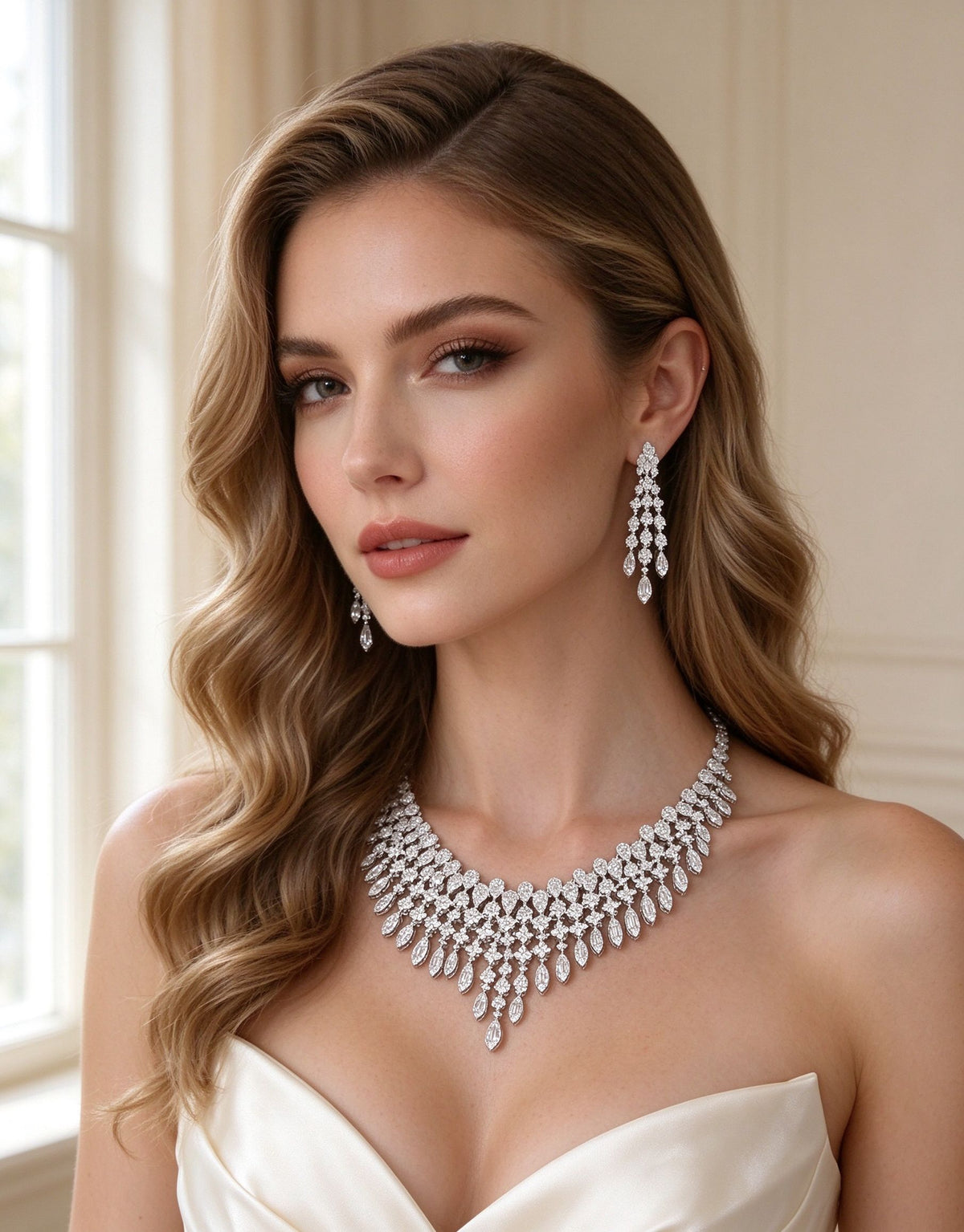 Close-up of The Dusk Wedding Suite — chandelier earrings and bib necklace