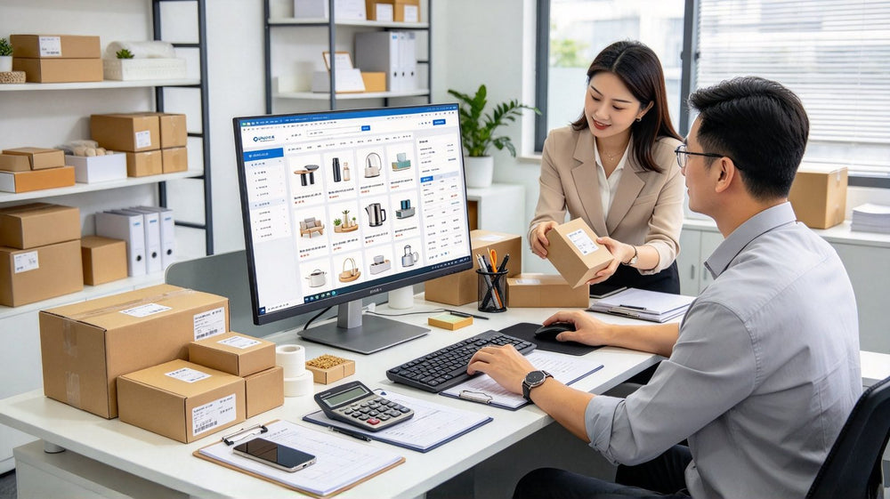 AI-generated illustration: a purchasing agent checking a 1688 product listing on a computer while holding a packed parcel