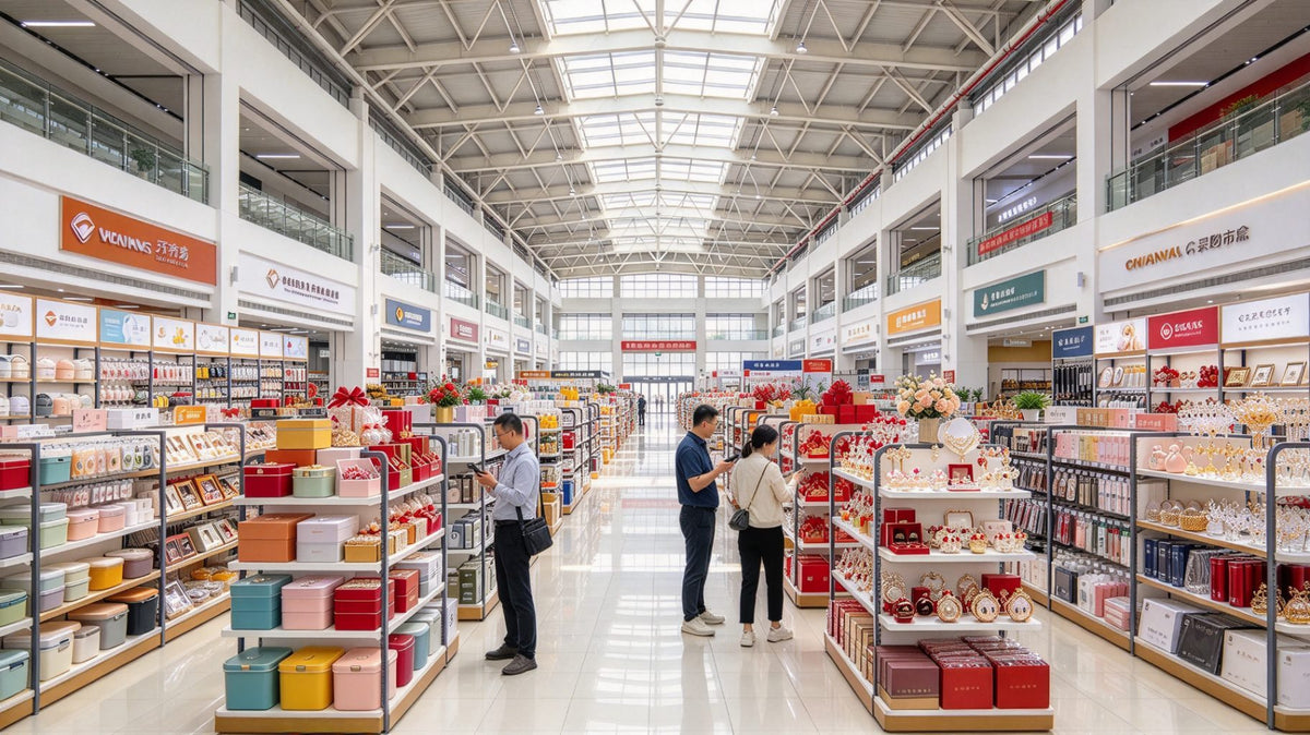 AI-generated illustration: panorama of the Yiwu wholesale market halls with rows of supplier stalls