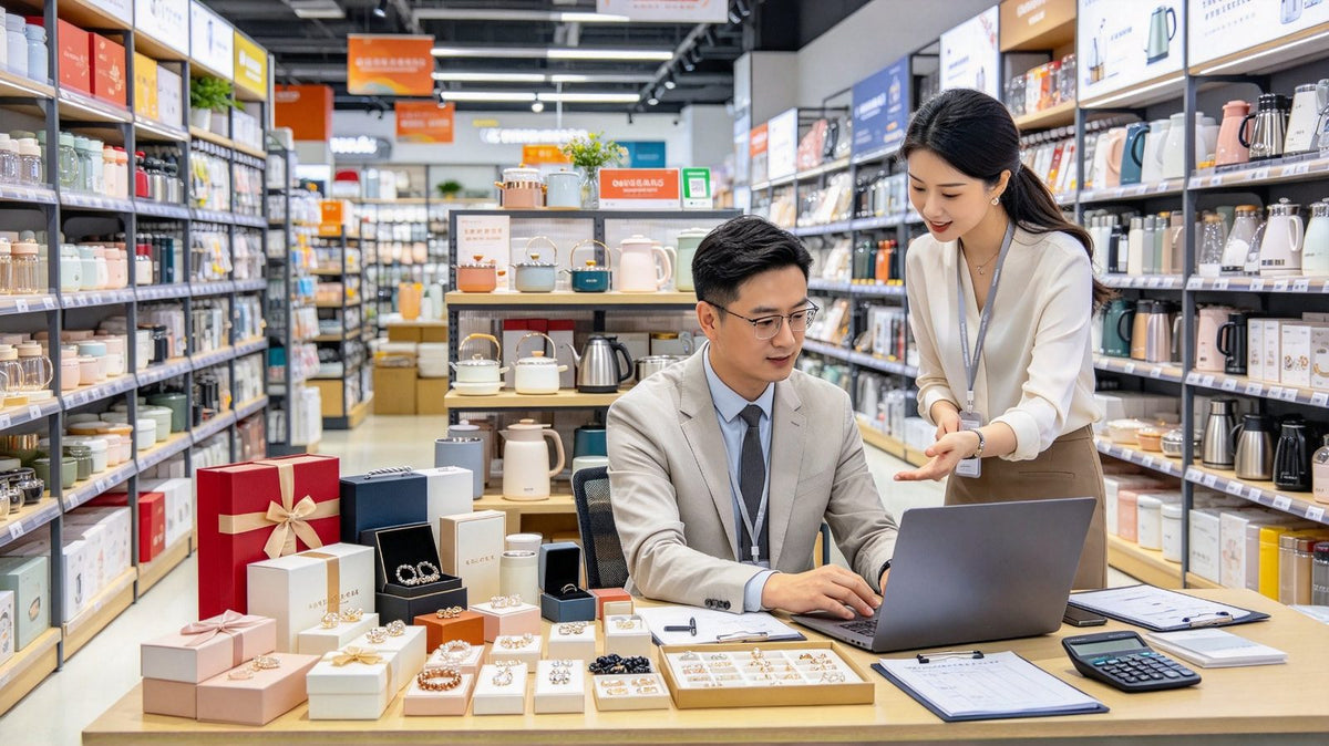 AI-generated illustration: a sourcing agent reviewing products at a stall in a Yiwu market hall