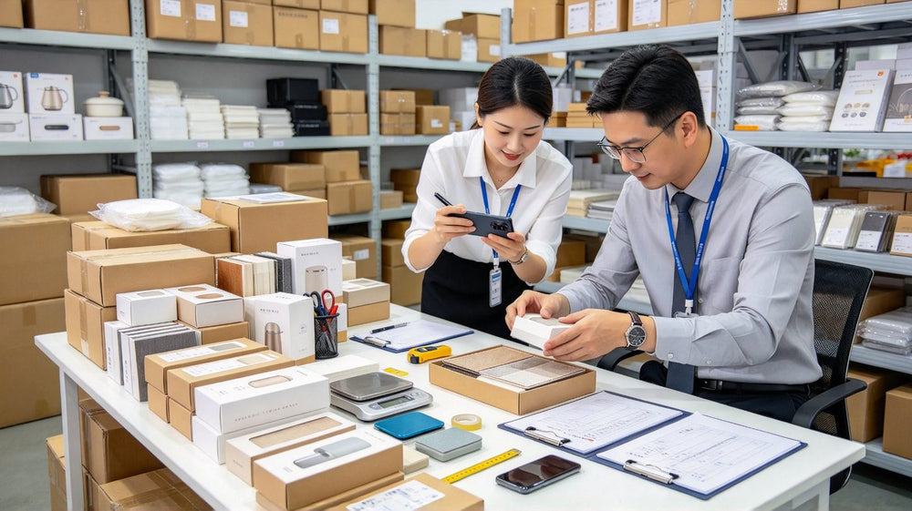 AI-generated illustration: quality inspection of packed goods with a checklist, scale and measuring tape