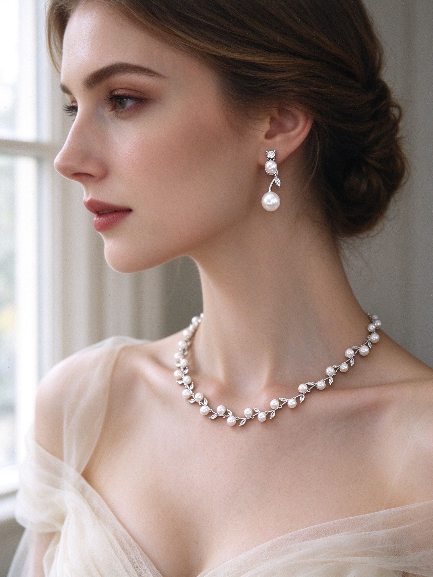Close-up of bride wearing The Alpine Crystal Parure pearl drop earrings