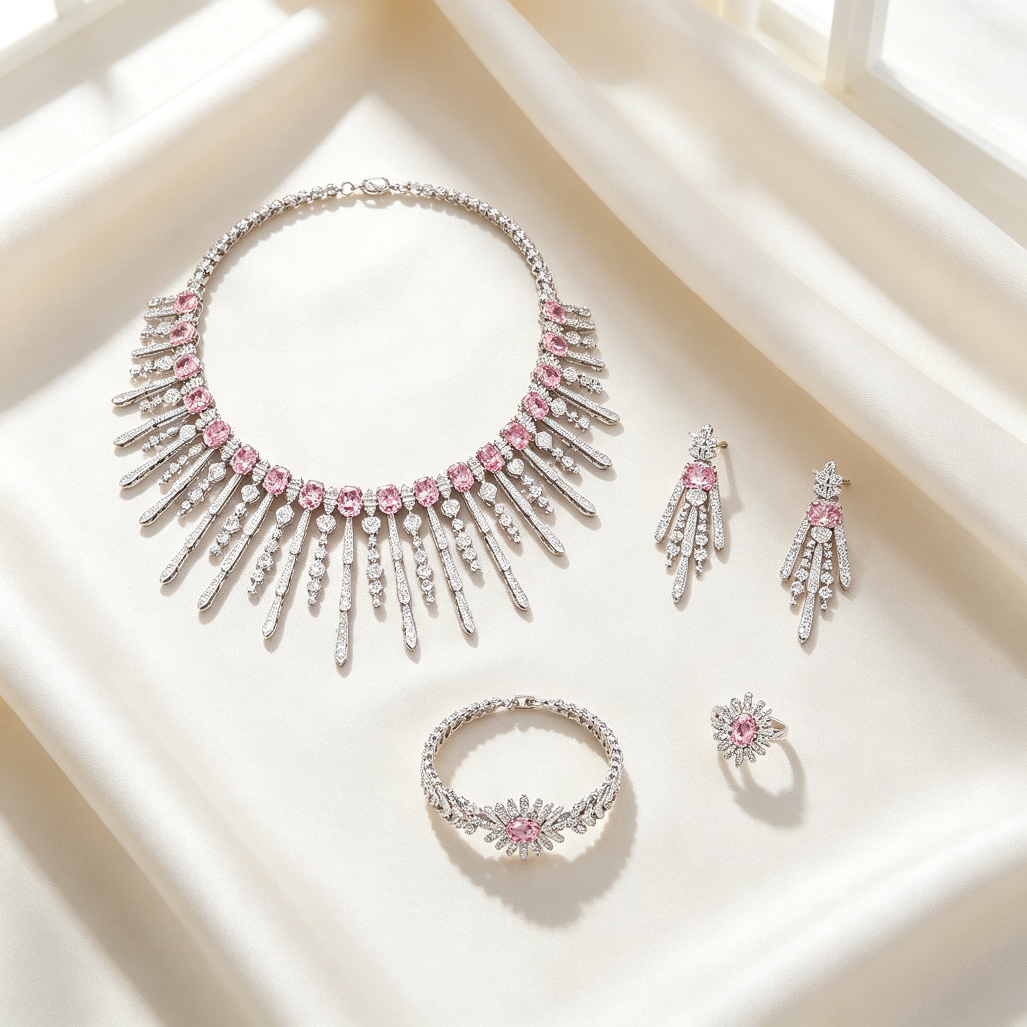 Flat lay of The Amara Wedding Parure four-piece set on ivory silk
