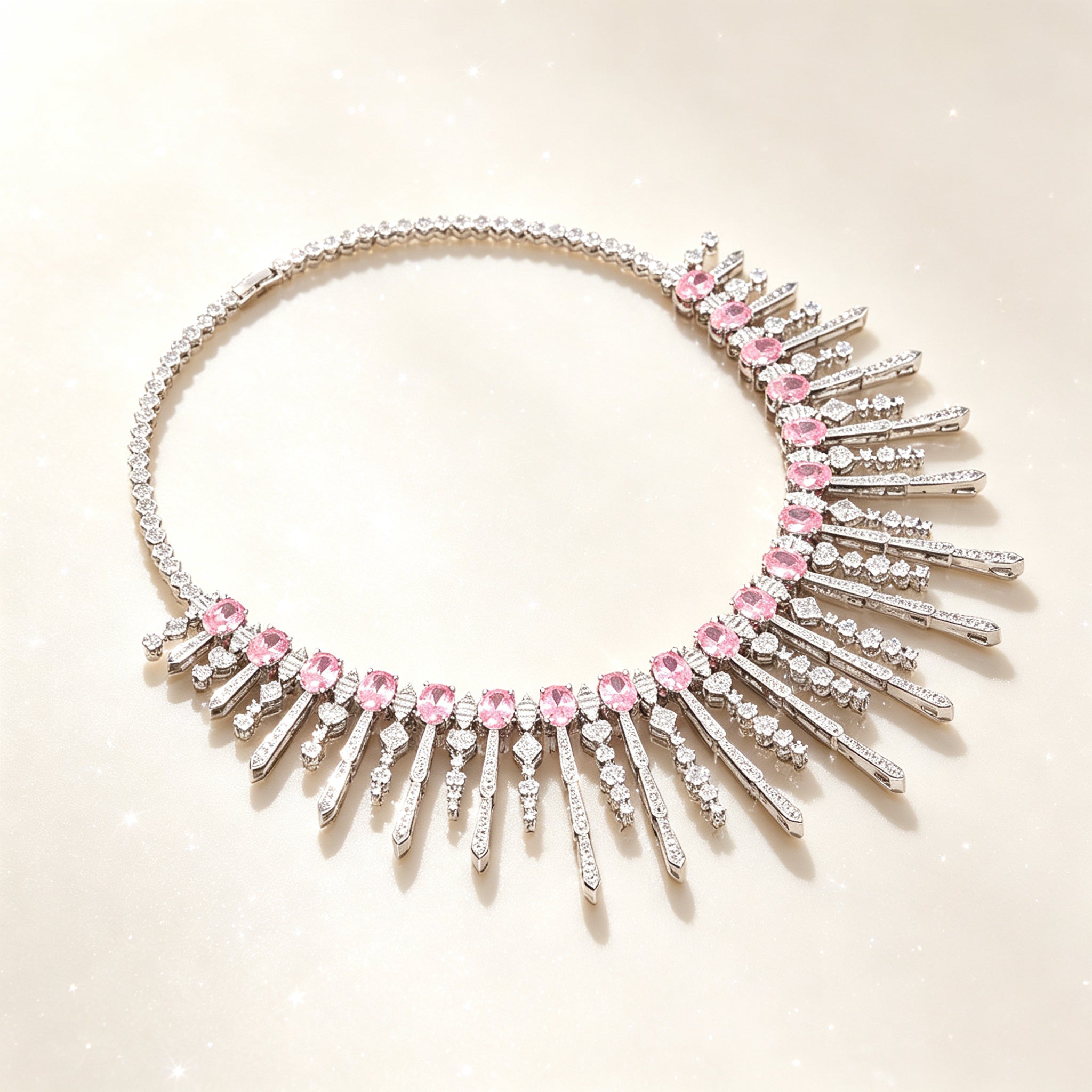 Macro close-up of the graduated pavé fringe bars and pink oval cubic zirconia stations