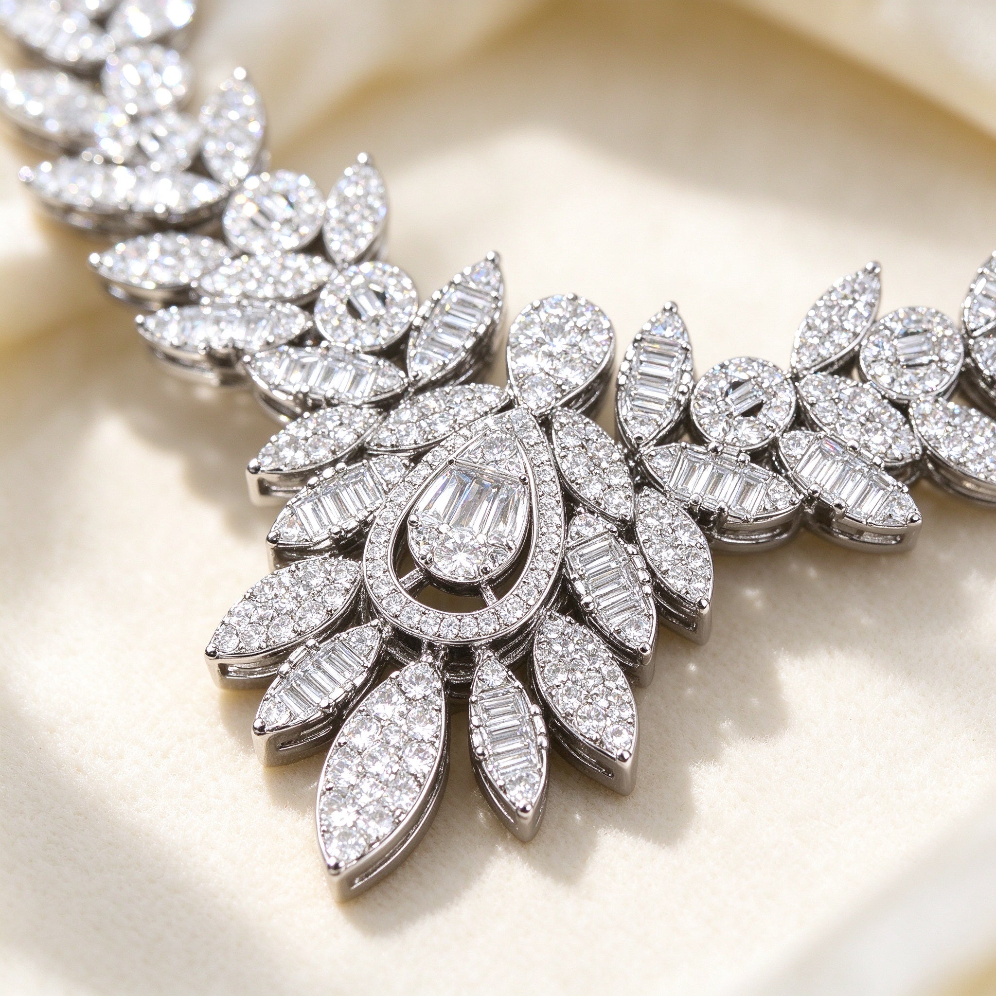 Macro of the Ash necklace teardrop pendant with marquise and round CZ leaves